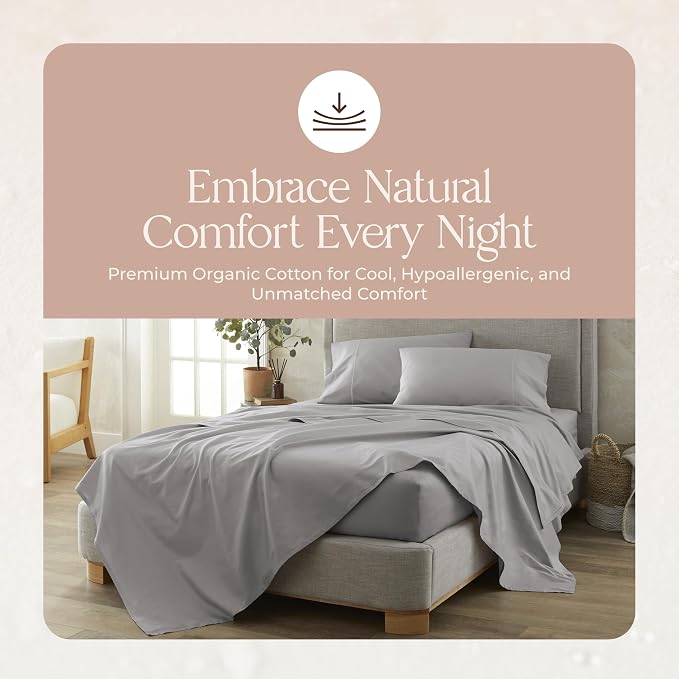 Certified Organic Full Flat Sheet Only - 100% Organic Cotton Top Sheet with Luxurious Soft and Breathable 500 Thread Count Sateen Weave Finish - GOTS & Fairtrade Certified (Grey, Full)