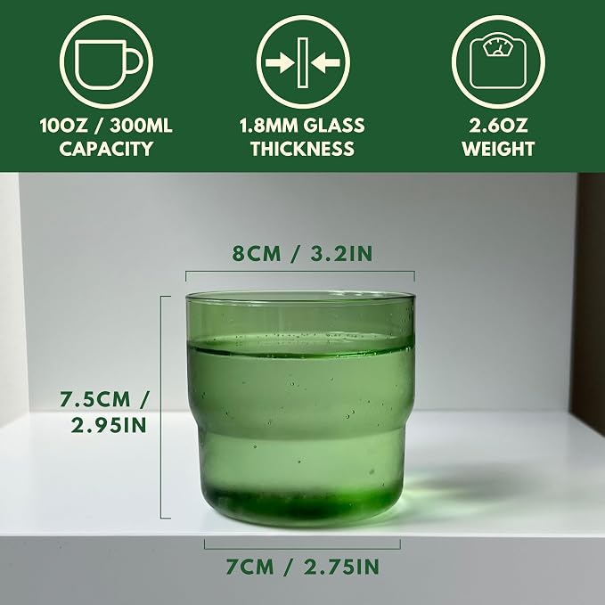 Set of 4 Colored Glass Cups (10oz) - Retro/Vintage Stackable Glassware - Juice, Coffee, Water, Cocktail Drinking Glasses/Cup/Tumbler (Green, Amber, Blue, Pink)