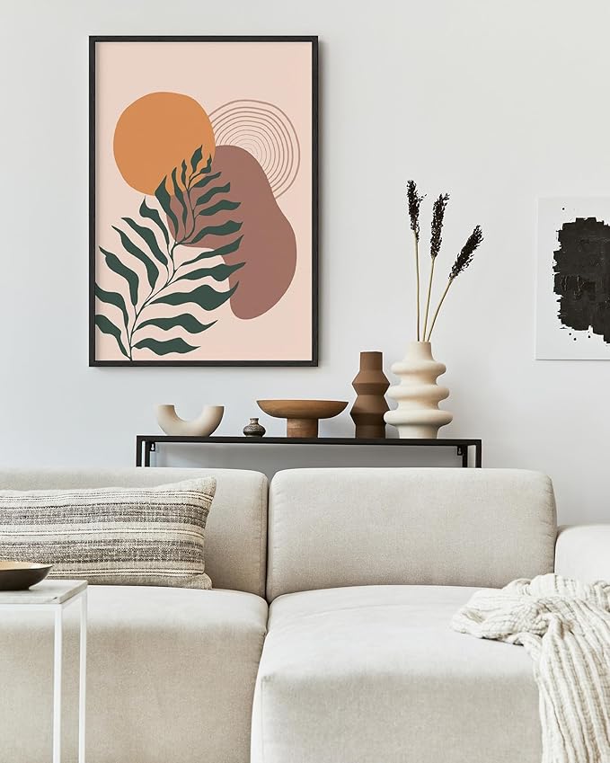 Boho Monstera Leaf Wall Art Abstract Sun Earth Tones Terracotta Mid Century Modern 24x36 Inch Oak Wood Black Framed Minimalist Botanical Print for Living Room Office