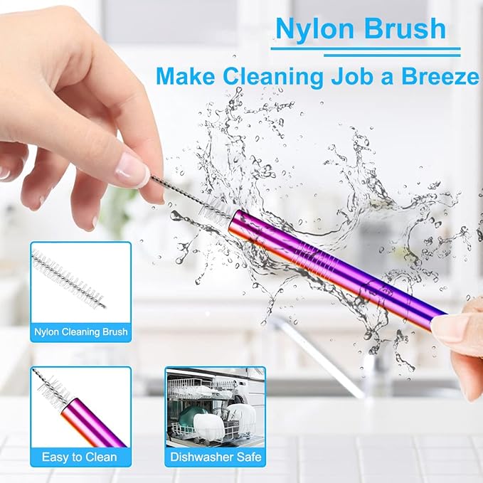Vinaco Reusable Smoothie Straw, 0.4'' Extra Wide Stainless Steel Straw 10.5'' & 8.5'' Long colorful Straws, 6 Pack Metal Straw with 1 Reusable Straw Brush Cleaner for Milkshake, Smoothie, Bubble tea