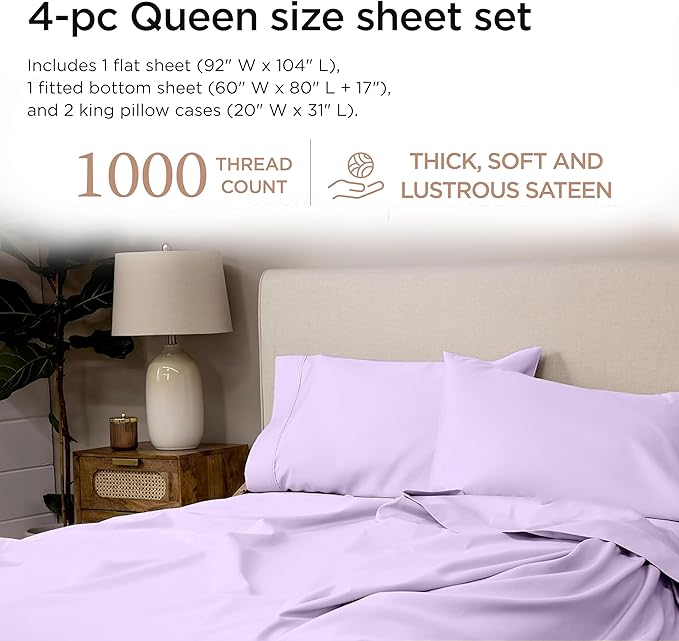 Threadmill Supima Cotton Queen Sheet Set, 1000 Thread Count Queen Sheets for Queen Mattresses, 4 Piece American Luxury Bed Sheets, Sateen Hotel Quality Sheets with Elasticized Deep Pocket, Lilac