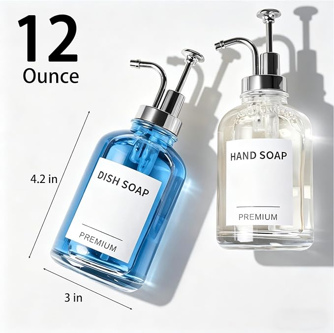 12oz Dish Soap Dispenser for Kitchen, Hand Glass Soap Dispenser Set with Pump, Tray, Funnel for Bathroom, Shower, Laundry, Liquid, Lotion (Silver 2 Pack Clear Bottles with 12 Stickers)