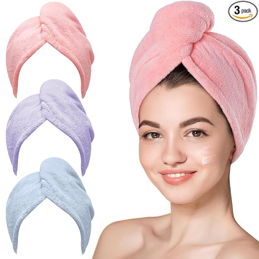 Hicober Microfiber Hair Towel, 3 Packs Hair Turbans for Wet Hair, Drying Hair Wrap Towels for Curly Hair Women Anti Frizz (Pink,Blue,Purple)