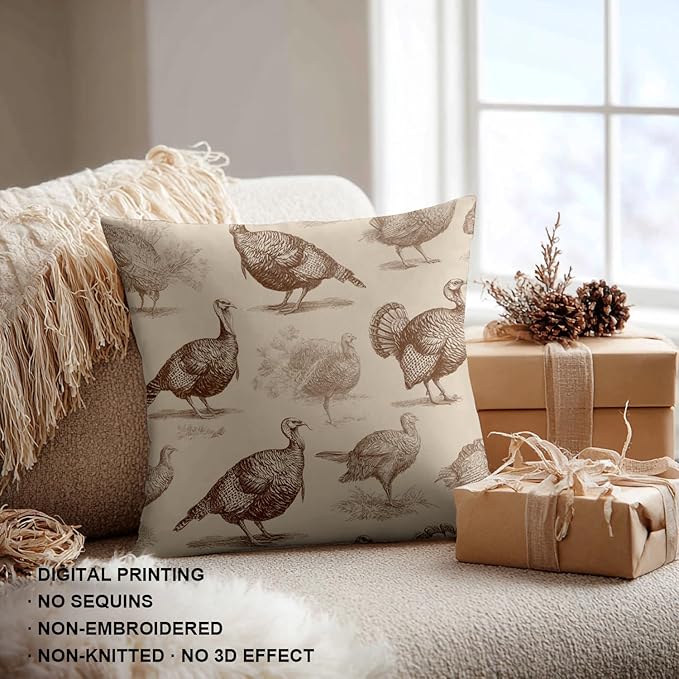 Shrahala Wild Turkeys Decorative Throw Pillow Cover, Vintage Turkey Illustration Square Pillowcase Blended Double-Sided No Inserts for Bedroom Living Room Set of 2 (24 x 24 in)