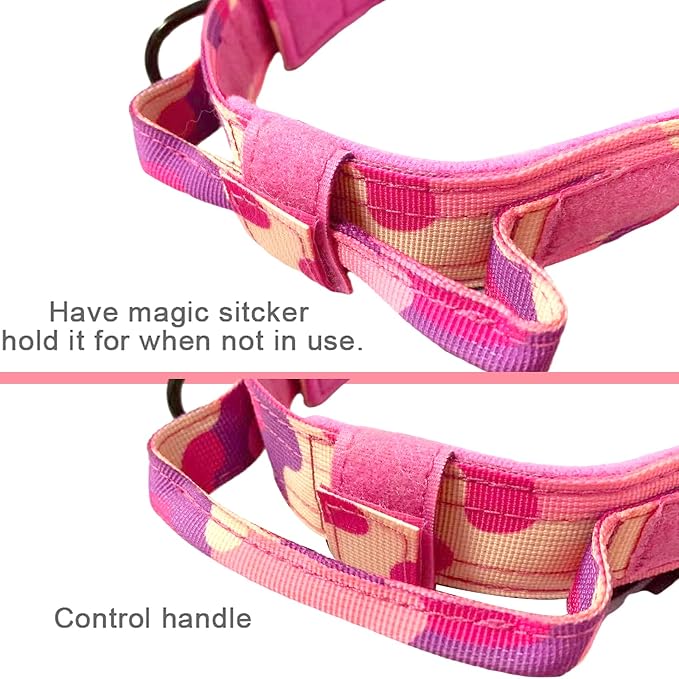 Tactical Dog Collar and Leash Set Adjustable Military Nylon Dog Collar with Control Handle and Heavy Duty Metal Buckle for Large Dogs（Pink Camo L