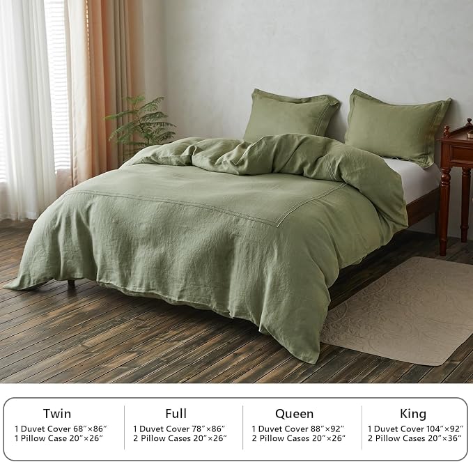 Simple&Opulence 100% Washed Linen Duvet Cover Set 78"x86" - 3 Pieces Soft Farmhouse Comforter Set Double Embroidered with Button Closure - 1 Duvet Cover and 2 Pillowshams (Sage Green, Full)