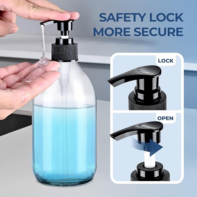 16 oz Clear Glass Soap Dispenser with Pump, Glass Pump Bottle for Lotion Body Oil, 500ml Hand and Dish Soap Dispensers Set with Storage Caps, Labels - 2 Pack