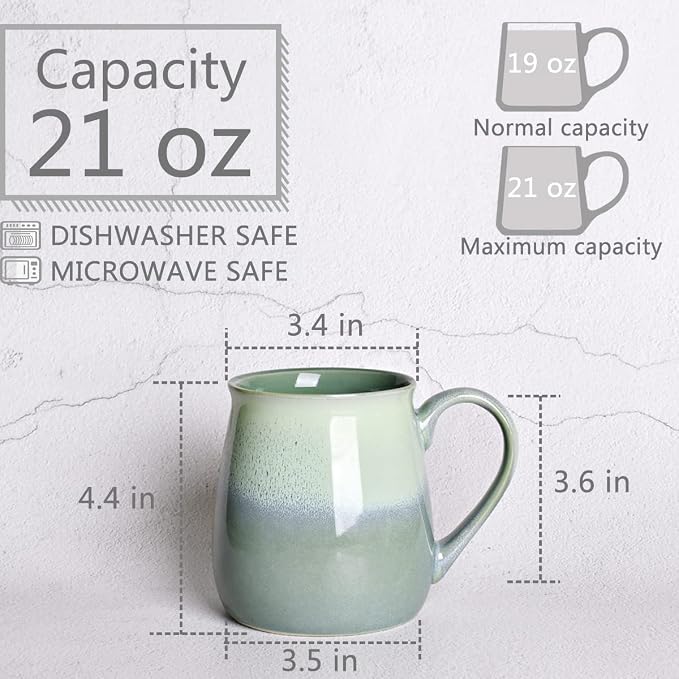 Bosmarlin Large Ceramic Coffee Mug, Green Big Tea Cup for Office and Home, 21 Oz, Dishwasher and Microwave Safe (Pale Green, 1)
