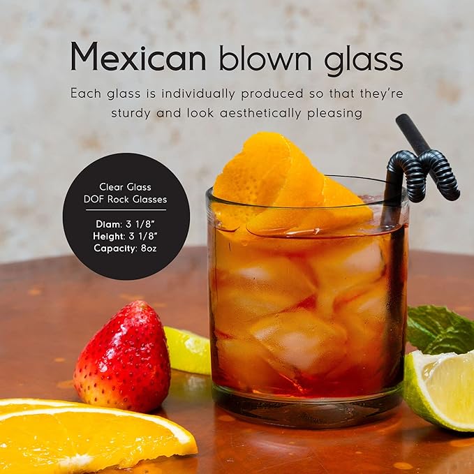 Clear Blown 8 oz DOF Rocks Glasses (set of 6) - Hand Blown Mexican Glassware Recycled Glass Drinking Glasses for Water, Juice, Margarita, Cocktails & Whiskey, Toxin Free