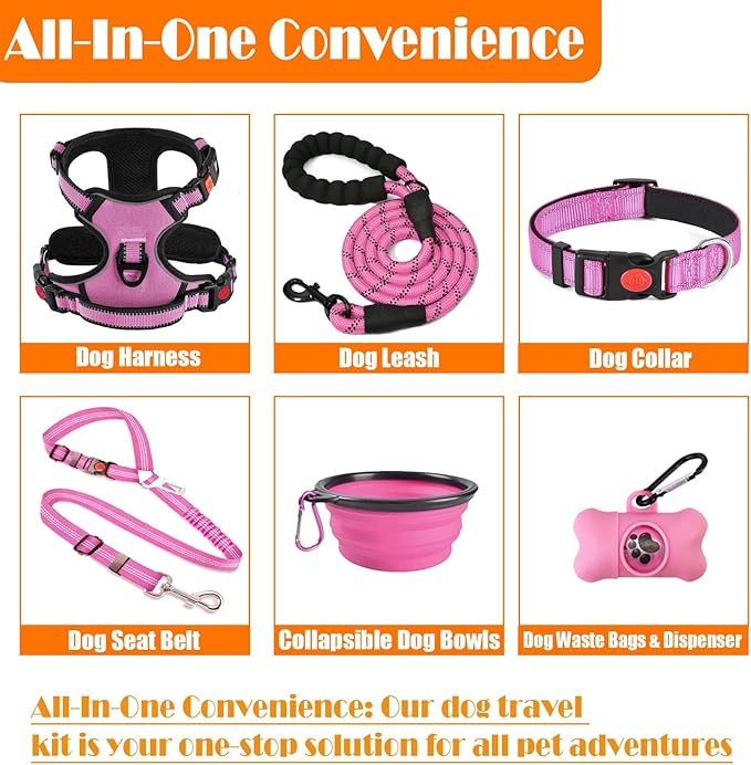 LOBEVE No Pull Dog Harness, Collar & Leash Set | Includes Dog Seat Belt, Collapsible Bowls & Poop Bag Dispenser. Ideal for Training, Walking, Hiking. Fits Small to Large Dogs(Pink-L)