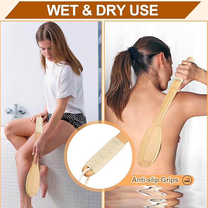 eaxun Bamboo Shower Brush with Curved Long Handle, 16.7 Inches Exfoliating Back Scrubber with Natural Bristles for Men & Women, Back Exfoliator Body Washer for Bath or Dry Brushing