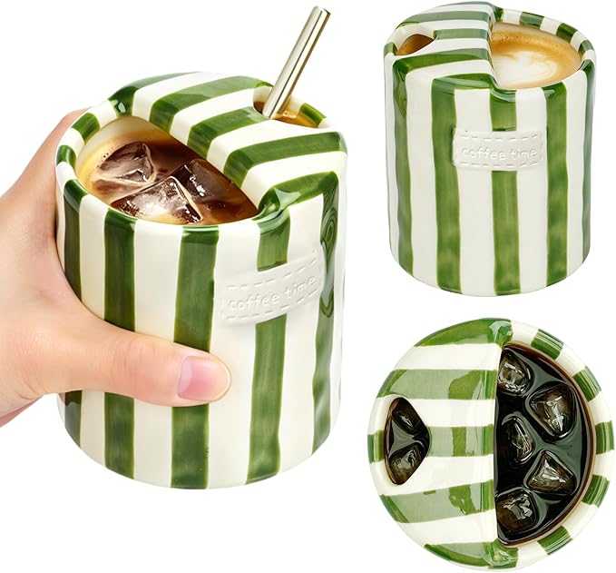 Ceramic Coffee Mug Novelty Ceramic Travel Mug Cute Espresso Cups To Go Anthropologie Latte Cups Aesthetic Green Pottery Mugs With Sip Hole 10oz Clay Striped Vintage Handmade Coffee Cup for Home