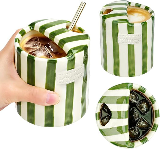 Ceramic Coffee Mug Novelty Ceramic Travel Mug Cute Espresso Cups To Go Anthropologie Latte Cups Aesthetic Green Pottery Mugs With Sip Hole 10oz Clay Striped Vintage Handmade Coffee Cup for Home