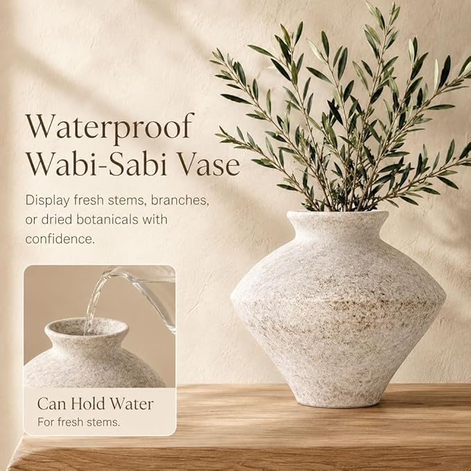 Wabi Sabi Vintage Vase, 6.3" Tall Wabi Sabi Decor Rustic Farmhouse Pottery Vase for Centerpiece, White Textured Pottery Flower Vase for Home Decorative, Table, Living Room, Bedroom, Bathroom, Kitchen