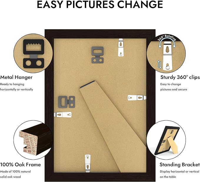 Hongkee 6x9 Oak Wood Picture Frame, Display Photos 5 x 8 with Mat or 6 x 9 without Mat - Tempered Glass Cover, Horizontal and Vertical Display for Wall or Tabletop (Black, Set of 1)