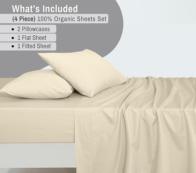 RUVANTI 100% Cotton Organic Percale Sheets Full Size – Crisp Cooling Bed Sheets for Hot Sleepers, Deep Pocket 15”, Soft Peach Finish, Breathable & Durable Hotel-Style 4 Pcs, Cloud Cream