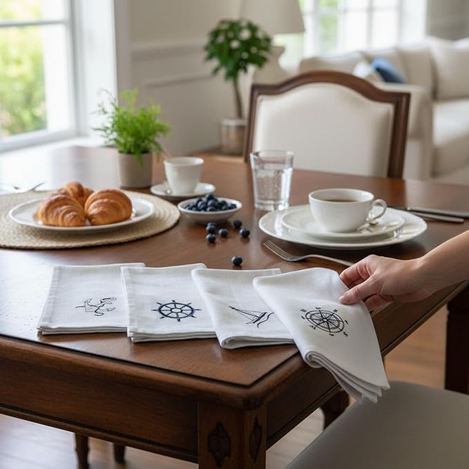 White Linen Dinner Napkins - 100% Linen Cloth - Fully Hemmed with Mitered Corners - Washable - Pack of 4 (Nautical Sailing Embroidered)