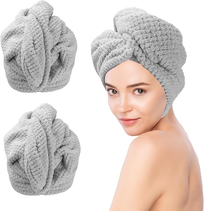 Microfiber Hair Towel Wrap for Women 2 Pack Hair Wrap Towels Anti Frizz Large Hair Drying Towel with Button Grey Hair Turban Towel for Curly Hair Straight Wavy Wet Hairs Quick Dry Hair Towel for Girl