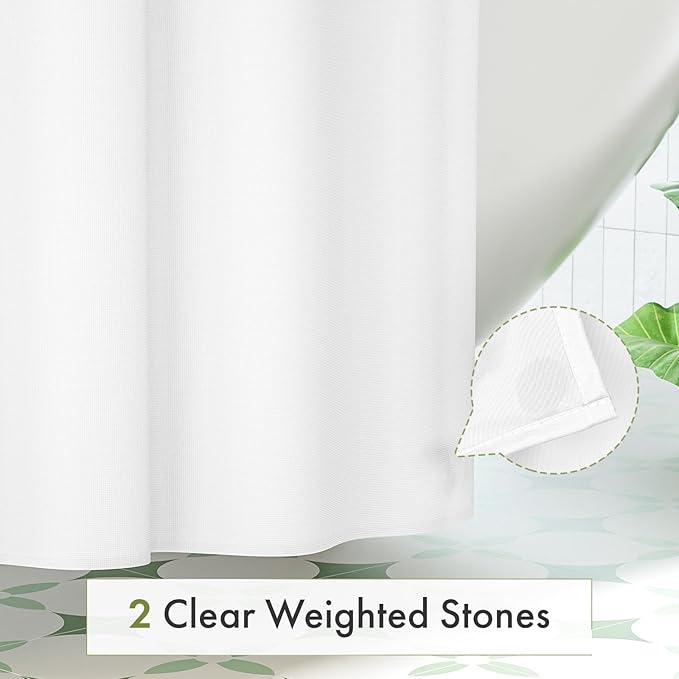 Amazer Long Shower Curtain Liner Washable 72x80 Inches, White Shower Liner Fabric with 2 Bottom Stones, Waterproof 2-in-1 Shower Curtain and Liner, 12 Grommet Holes, 120 GSM, White