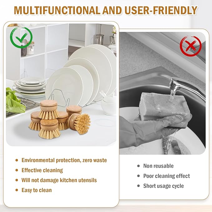 US 6Pcs Bamboo Dish Brush Head Soft Sisal Bristle Dish Natural Washing Brush Head Eco-Friendly Washing Up Brush Replacement Heads Easy to Use Dish Scrubber Head for Dish Brush Cleaning 1.89×1.57in