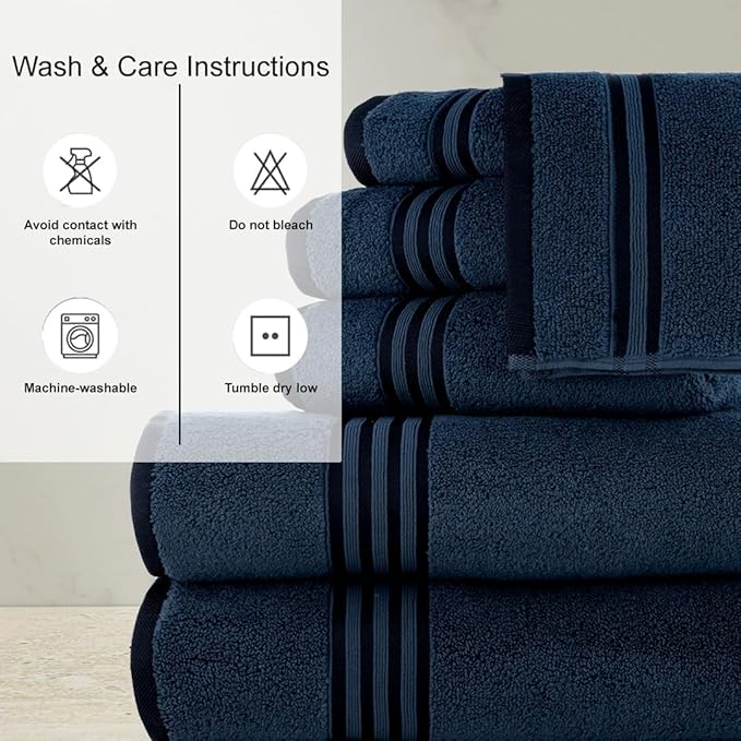 CASA COPENHAGEN Zero Twist 6Pcs 100% Egyptian Cotton Large Designer Towels Gift Set- Navy Blue, 600 GSM, 2Bath 2Hand 2Washcloths, Bath Towels for Bathroom Set for Women & Men