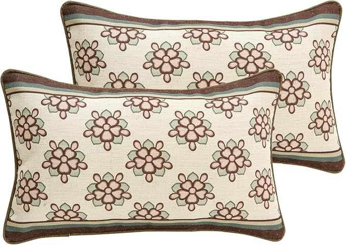 ISAENNE Design Lumbar Brown Floral Linen Throw Pillow Covers 12"x20" Pack of 2, White Simple Elegant Daisy Pattern Cushion Covers Decor Pillowcases for Bed,Living Room,Outdoor,Car