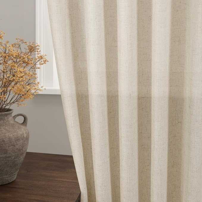 Nanspring Beige Semi Sheer Linen Curtains 72 inch Length for Living Room Back Tab Rod Pocket Modern Farmhouse Coastal Decor Beige Cotton Textured Gauze Curtains for Dining Room Office 38x72