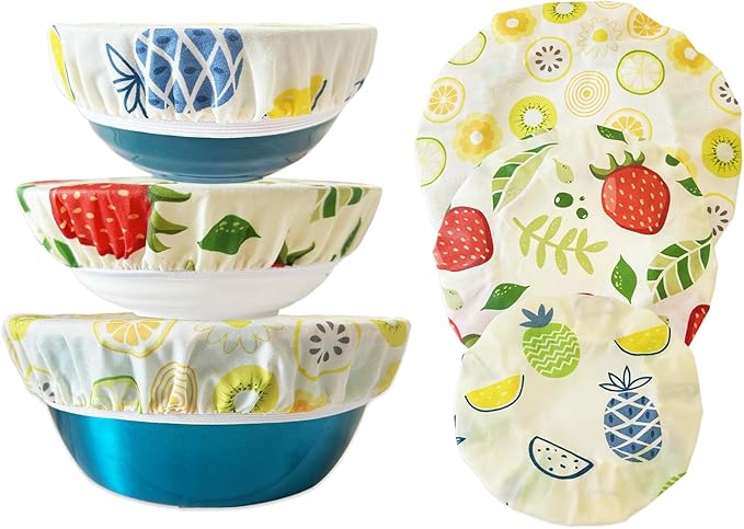 3 Pieces Beewax Bowl Covers Reusable Cloth Fabric Elastic Food Storage Cotton Bread Lids for Food, Fruits, Leftover Kitchen Container