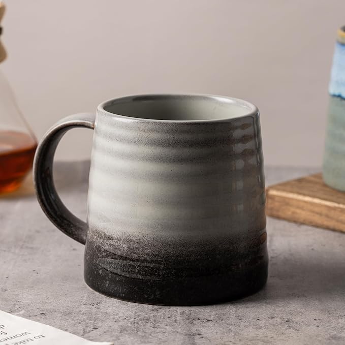 15.5 Oz Large Reactive Glaze Ceramic Mug, Heavy Weighted Stoneware Coffee Cup, Wide Base, Thick Wall Big Tea Cup with Custom Package Box, Microwave & Dishwasher Safe (Grey Black)