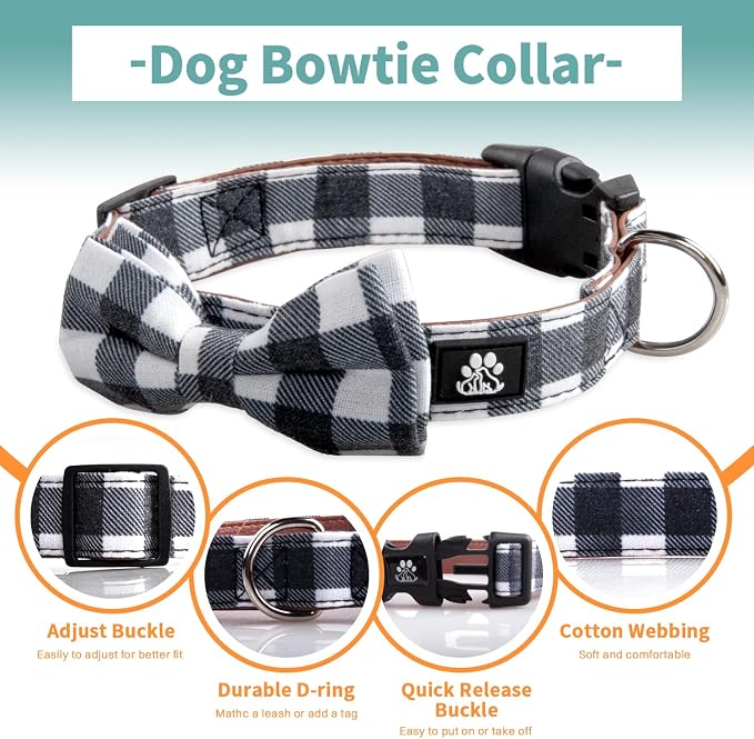 IVY&LANE Dog Collar with Bowtie and Leash Set | Plaid Adjustable Dog Collar | Detachable Bow Tie |5 FT Dog Leash | for Small Medium Large Dogs | Checkered Black | Small
