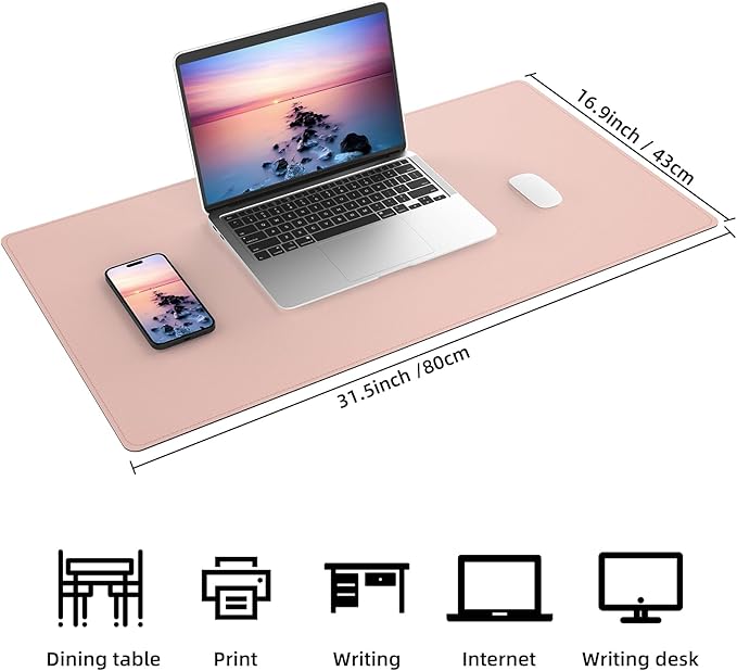 AFIING Cork Desk Mat 31.5" x 17", Waterproof Dual-Sided Cork & PU Leather Desk Pad, Non-Slip Desk Protector for Home Office, Workspace Setup & Gaming, Pink