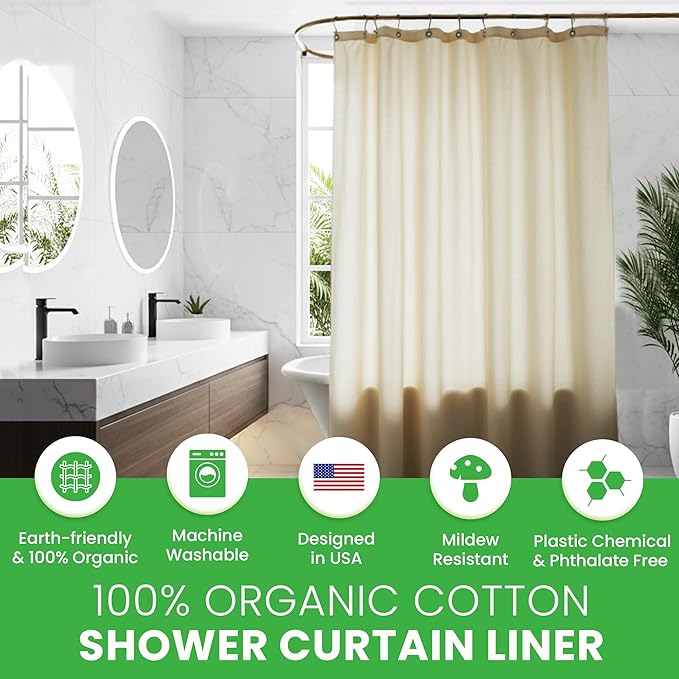 FABRIC SHOWER CURTAIN LINER 54"x74" Medium Stall Size - Stylish Quality Bathroom Drape - Earth Friendly Non-Toxic Odor-Free NATURAL Cotton Liner, Light-Weight Washable natural Shower Curtain 54NC