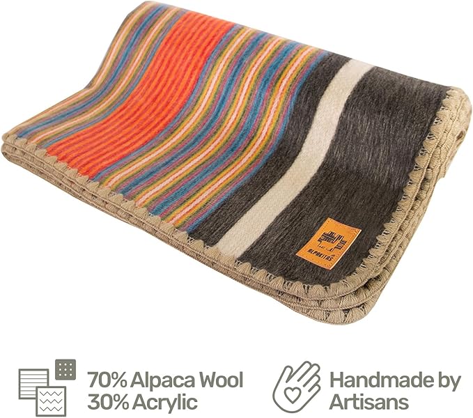 ALPAKITAS Alpaca Wool Blanket - Throw Bed Blanket - Alpaca Throw Blanket - Best Gift & Warm Blanket, Lightweight, Couch Blanket or Camp - Outdoor Blanket - 64 x 45 Inches (Orange & Blue)