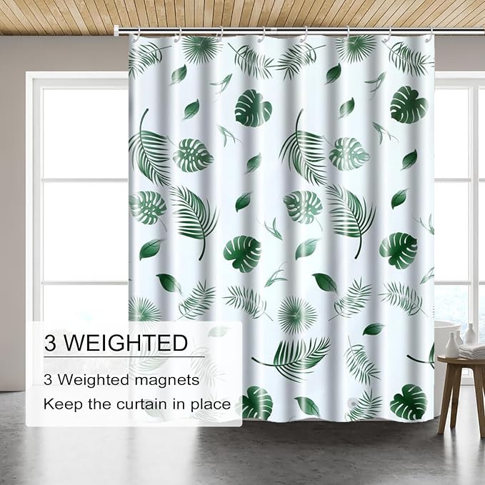 TIKABC Shower Curtain Liner, 4G PEVA Shower Liner, Plastic Waterproof Shower Curtains, with Grommet Holes and 3 Magnetic Weights(Green Leaf)