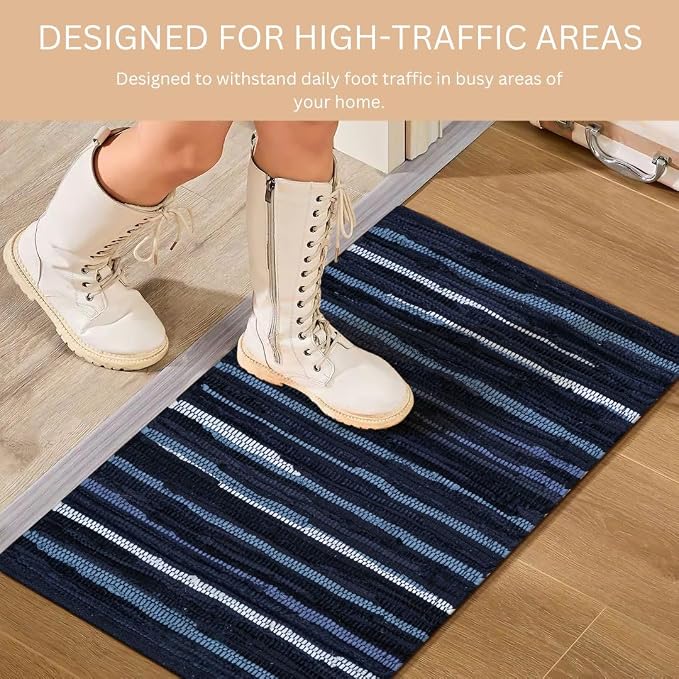 WeWove Hand Woven Chindi Rug Cotton - Boho Rustic Farmhouse Area Accent Throw Rug - Area Floor Carpet for Bedroom Living Room Kitchen Dorm Entryway Hallway - 20x32 inch Area Rug Blue Multi