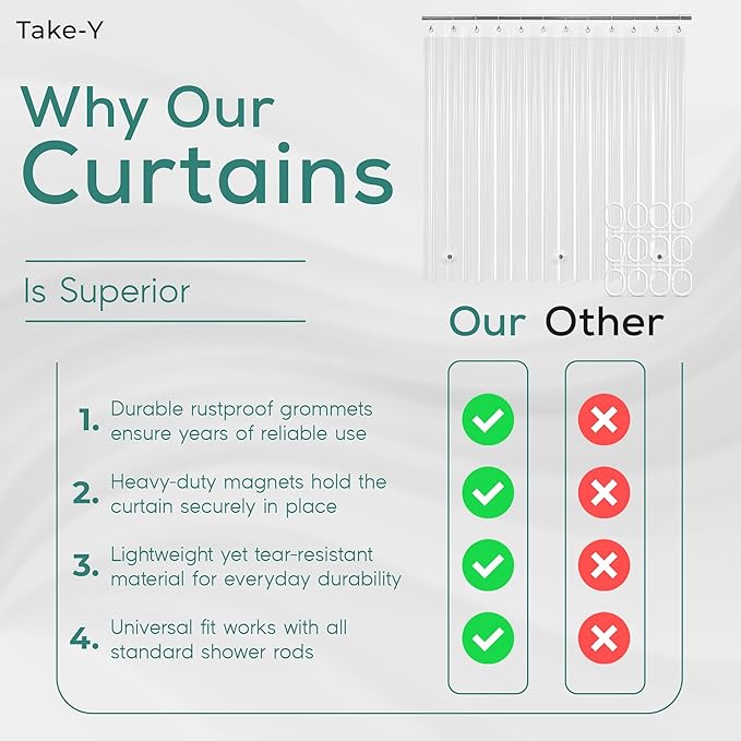 Clear Shower Curtain Liner, Premium PEVA, 72"x72", 100% Waterproof with Rustproof Grommets, Weighted, Quick Dry, Modern Style, 12 Hooks Included, Lightweight Standard Size,Odorless Plastic, Luxury