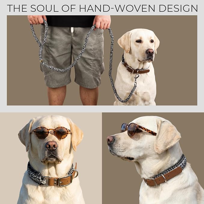 Tirevt Hand-Woven Dog Collar and Leash Set:Color-Block Design, Premium Reinforced Buckle, Adjustable Artisan Paracord for Puppies, Small, Medium & Large Dogs (Black, L)