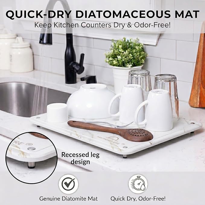 LARGE MATMOSPHERE Stone Dish Drying Mat for Kitchen Counter – Fast Absorbing Diatomaceous Mat with Stainless Steel Legs, Quick Dry, Dish Rack Mat, USA Small Business, 18”x14”, White Marble