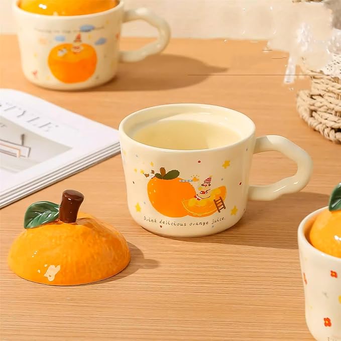 Coffee Mug Cups Ceramic Tea Cup 3D Fruit Orange Shaped Handmade Pottery Cute Mugs With Lid Handle Office Home Hot Ice Water Juice Milk Mugs Gifts Microwave Dishwasher Safe 13 Oz Travel Mug (Orange)