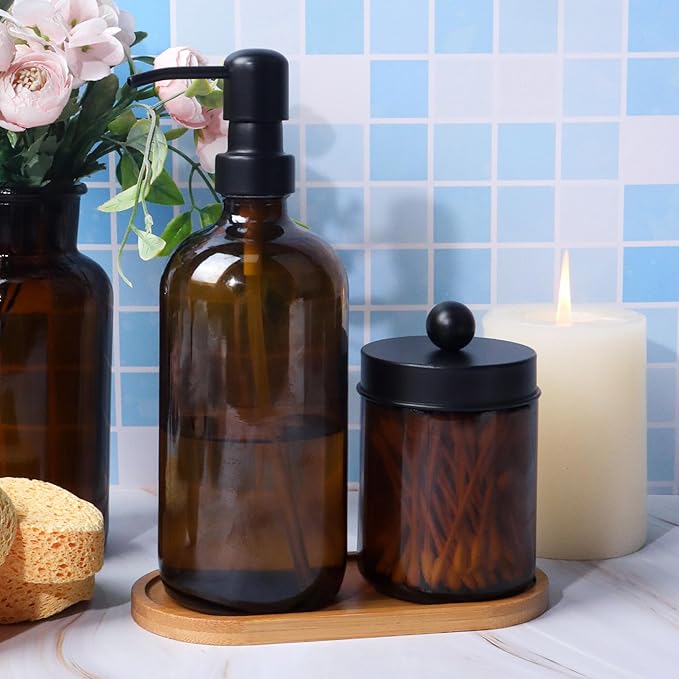 Bathroom Accessory Set 5 Pcs, 2 Pcs 16oz Amber Glass Soap Dispensers with Stainless Steel Pumps, 2 Pcs Qtip Holder Dispensers with Waterproof Labels & Bamboo Tray
