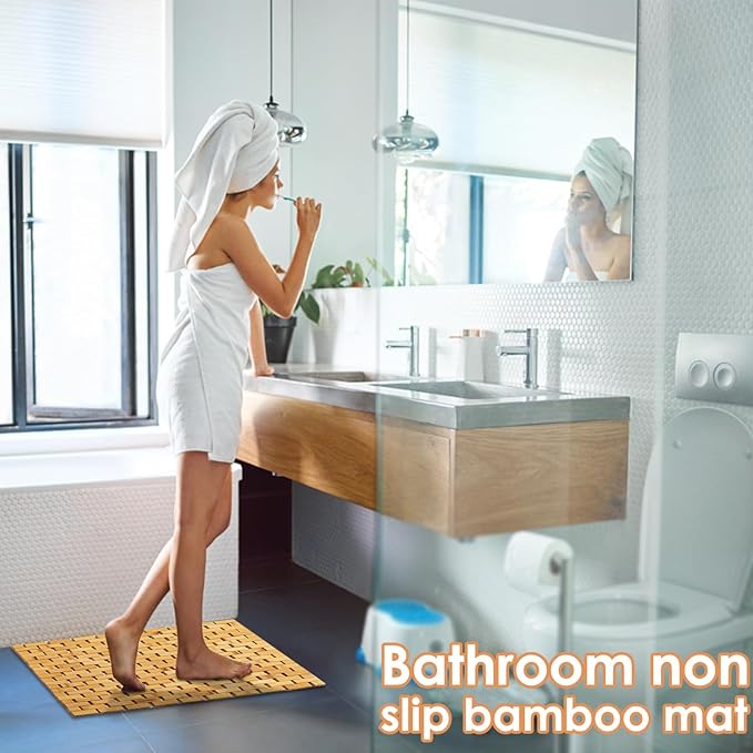 Bamboo Bath Mat with Anti Slip Pads,19.7x27.6 inches Bathroom Shower and Bathtub Floor Mats,Non Slip Water Proof Mat,Indoor Outdoor Use for Kitchen Bedroom Bathroom Toilet Pet Mat Floor Rug