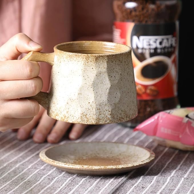 Vintage Faceted Speckled Ceramic Coffee Mug with Saucer, Rustic Stoneware Cup for Tea Latte (YF-CS03)