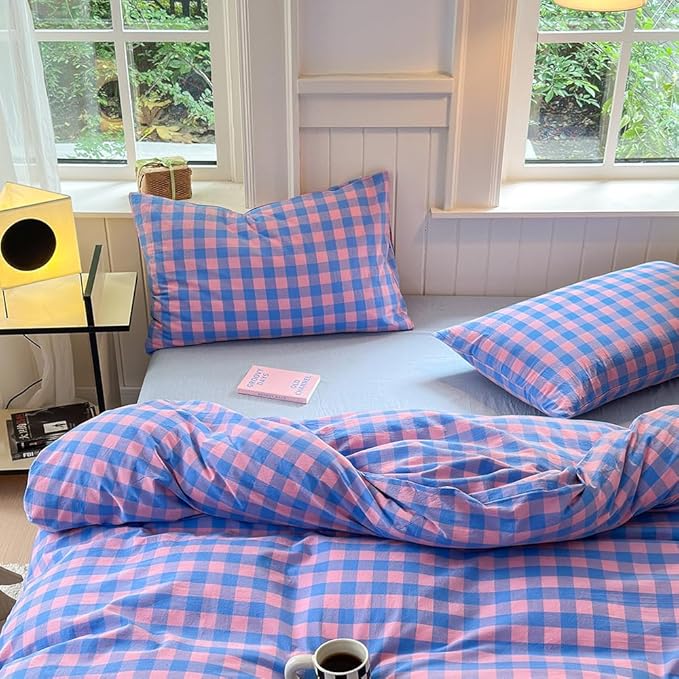 FACE TWO FACE Bedding Duvet Cover Set100% Washed Cotton Duvet Cover Linen Like Textured Breathable Durable Soft Comfy (Twin, Blue Purple Grid)