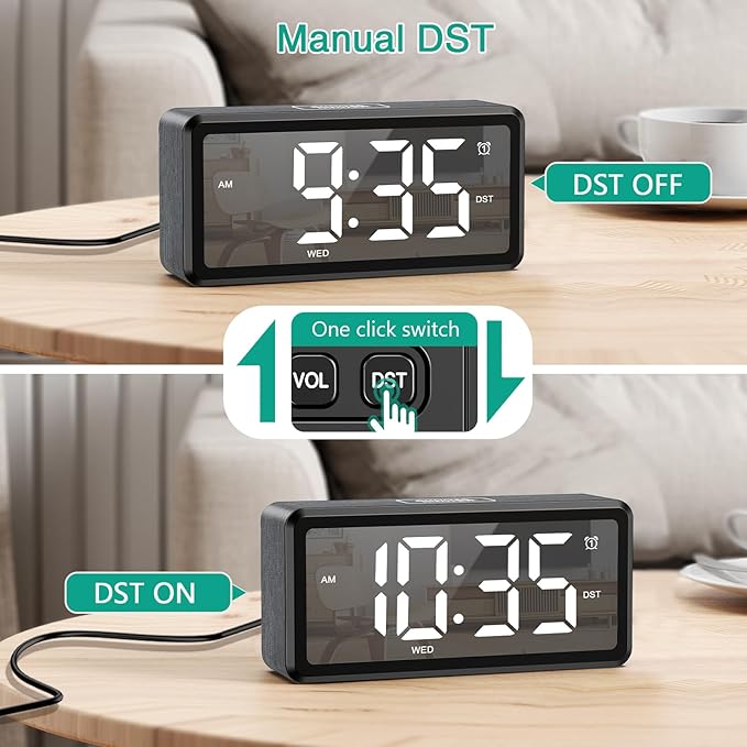 ORIA Wooden Digital Alarm Clock, LED Mirror Desk Clock with Dual Alarms, Snooze, Adjustable Brightness & Volume, Week, DST, for Bedroom Bedside Office
