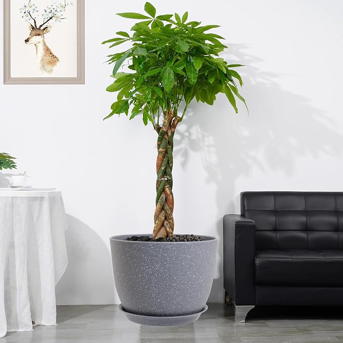 UOUZ 12inch Large Plant Pot, Modern Plastic Planter with High Driange Holes and Saucer for Indoor Outdoor Garden Plants and Flowers, Grey Speckles