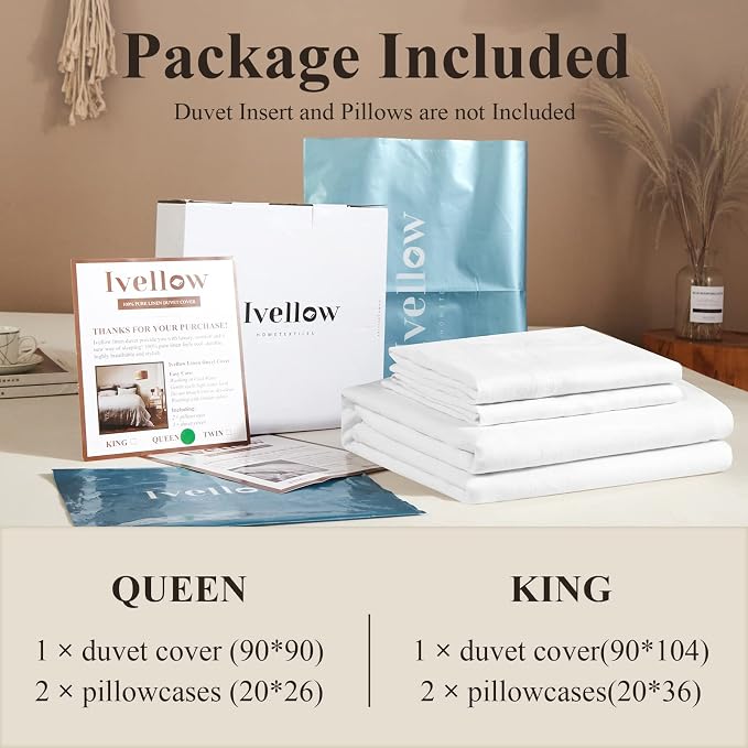 Ivellow White Linen Duvet Cover King 100% Pure Washed French Flax Linen 3Pcs (King Duvet Cover, 2 Pillow Shams)