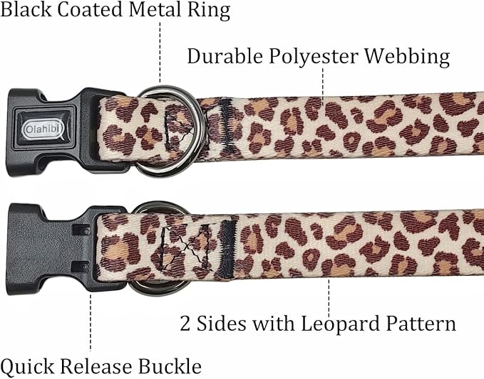 Dog Collar Leash Set, Leopard Pattern, Polyester Material, Adjustable Collar and 5ft Matching Leash, for Medium Dogs.(M, Light Coffee Leopard)