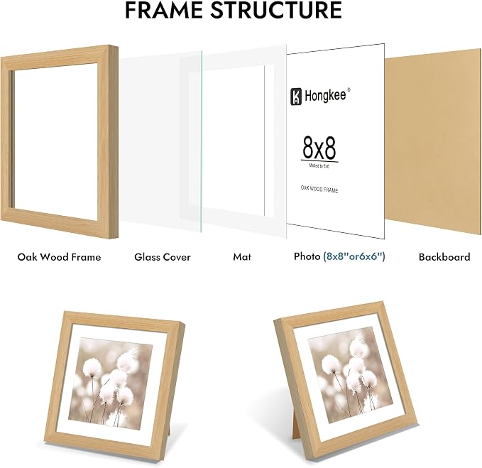 Hongkee 8x8 Oak Wood Picture Frame 1 Pack(Matted 6x6) with Real Glass Cover | Natural, 8 x 8 Solid Wood Frame for Wall or Tabletop Display - Includes Easel Back, Vertical Hang - Ideal for Home, Office