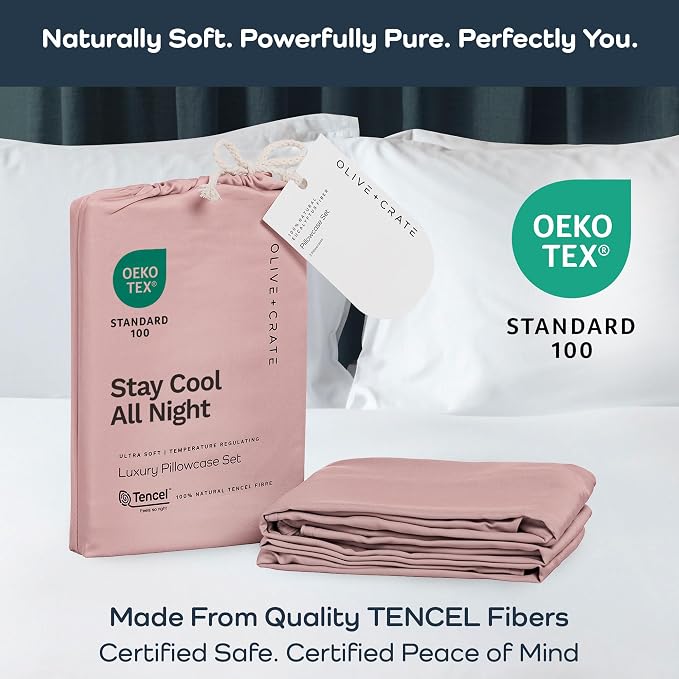 Olive + Crate Tencel Eucalyptus Pillowcases - 100% Tencel Lyocell Cooling Pillow Cases for Hot Sleepers - Hypoallergenic, Moisture-Wicking, Silk Alternative, Vegan - King Size Set of 2 [Rose Blush]