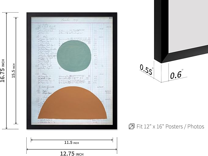 Monem Art Vintage Ledger Abstract Geometric Print - Modernist Teal and Ochre Art Poster - Wall Decor for Office, Living Room or Studio - 12x16 Black Framed Wall Art by Renee Stramel